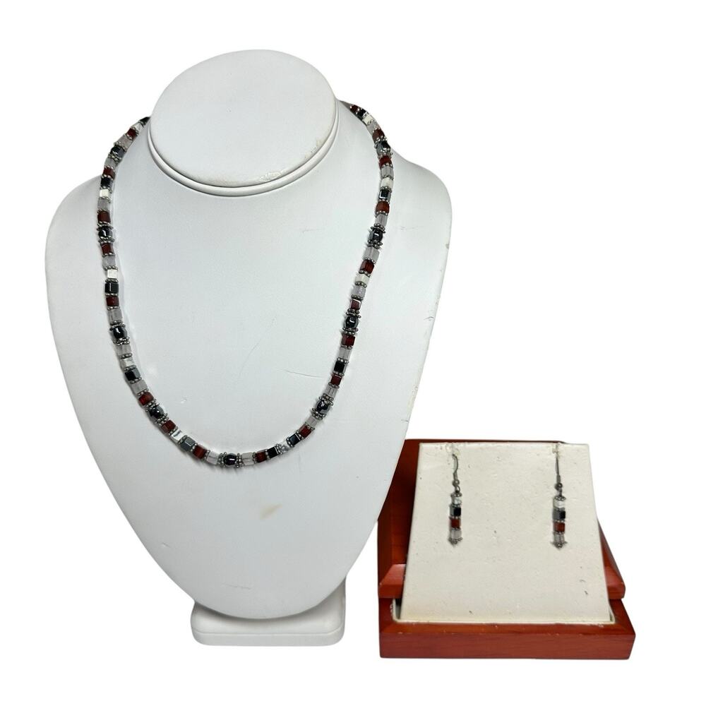 Vtg Sterling Silver Beaded Necklace & Matching Dangle Earrings Red Black White